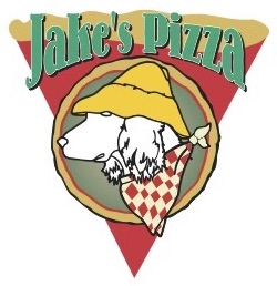 Jake's Pizza hanging sign and out door seating.