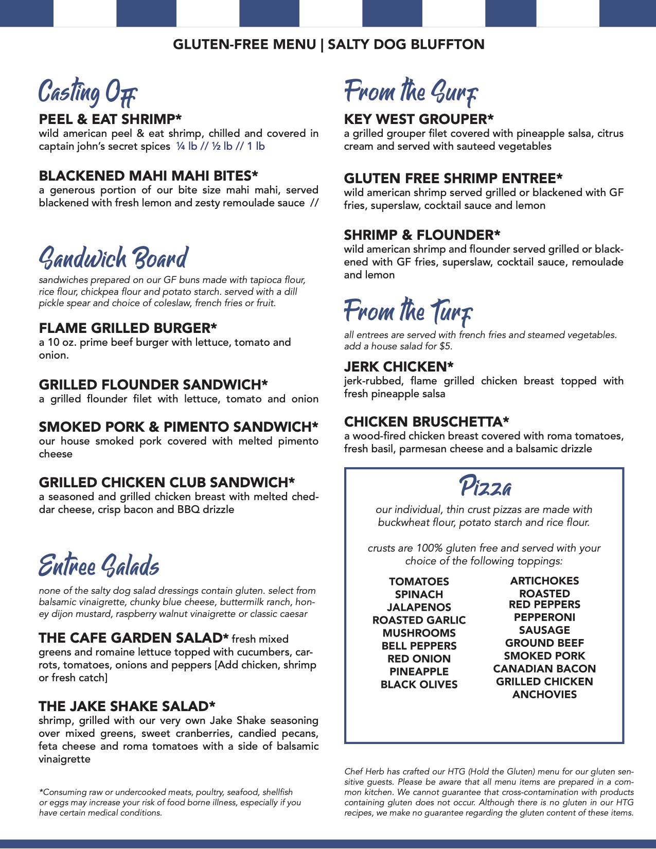 Gluten free menu for Salty dog cafe in Bluffton