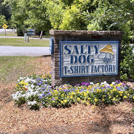 Salty Dog t- shirt factory arrow sign.